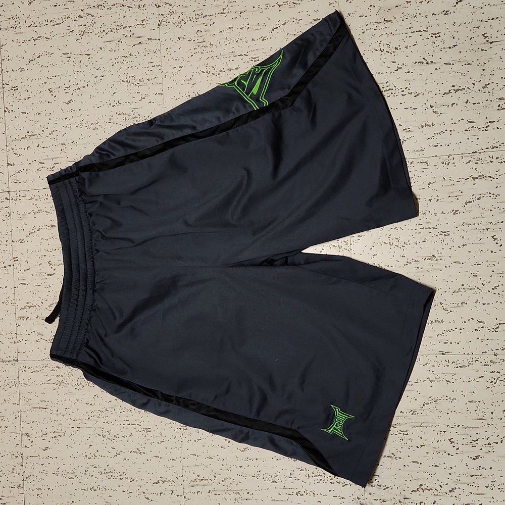 Tapout Black & Green Embroidered Logo Spell Out MMA Baggy Straight Leg Shorts